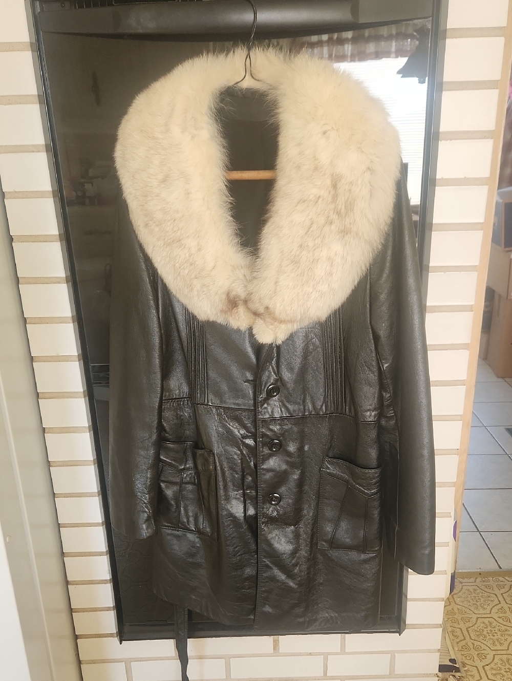 Women's Black Leather Coat with Cream Fur Collar